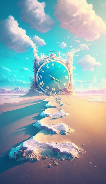 A clock in the desert with clouds and the time is 4 : 30