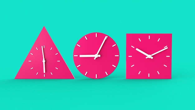 Clock in different shapes triangle circle and square 3d illustration