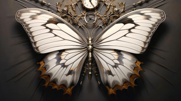 The clock face depicted on the wings of a butterfly Created with Generative AI technology