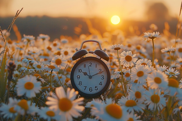 Photo a clock in a field of daisies with the sun setting behind them