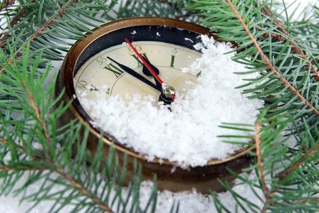 Orologio e rami di abete sotto la neve da vicino