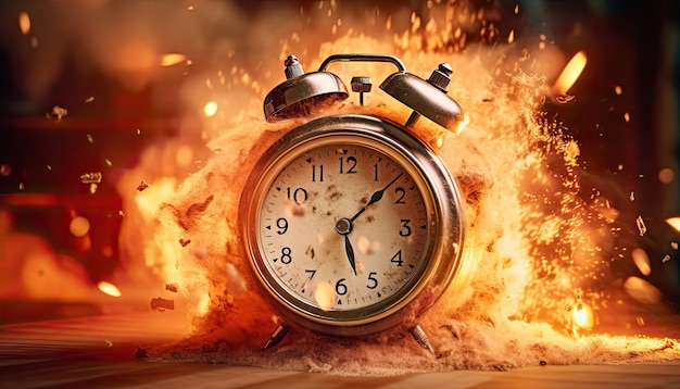 Foto orologio in caso di incendio scadenza tempo di combustione avviso di allarme concetto urgente ia generativa