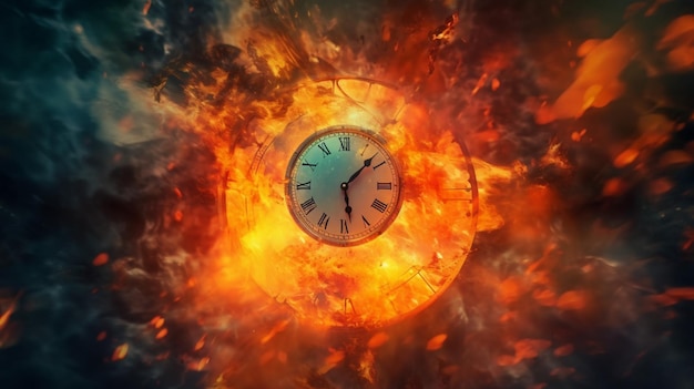 Clock on fire times burning end in fiery clock image Ai Generative