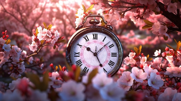A clock in a flowery landscape with pink flowers