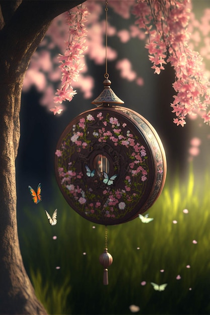 Clock hanging from the side of a tree generative ai