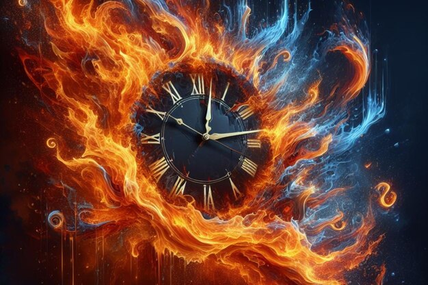 a clock immersed in flames