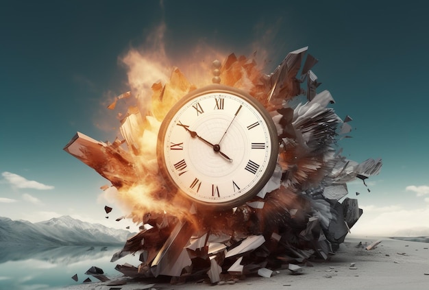 A clock is breaking through a wall and is surrounded by a cloud of smoke and fire.