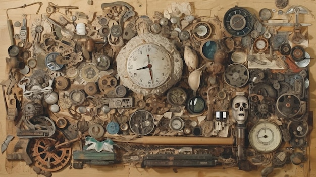 A clock is surrounded by other objects and a skull and bones.