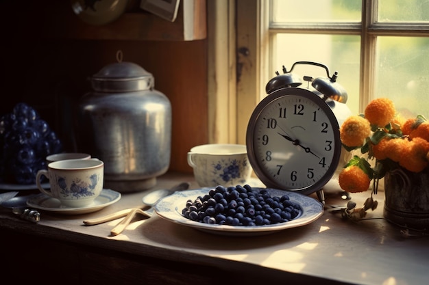 A clock is on a table next to a plate of blueberries.