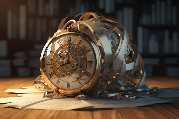 A clock is on a table with a bunch of books on it.