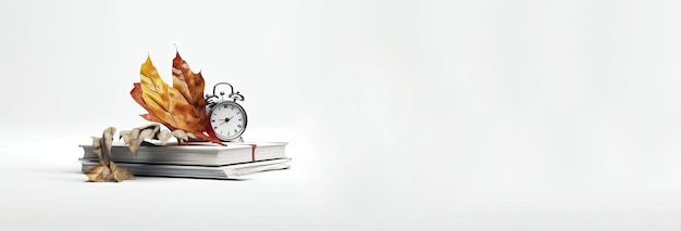 A clock is on top of a stack of books and a stack of books.