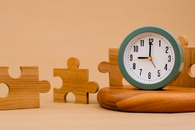 Clock and jigsaw puzzle pieces Time lapse time Wooden jigsaw puzzle pieces communication teamwork key components