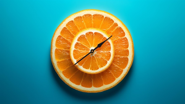 Clock made out of orange sliced in half on blue