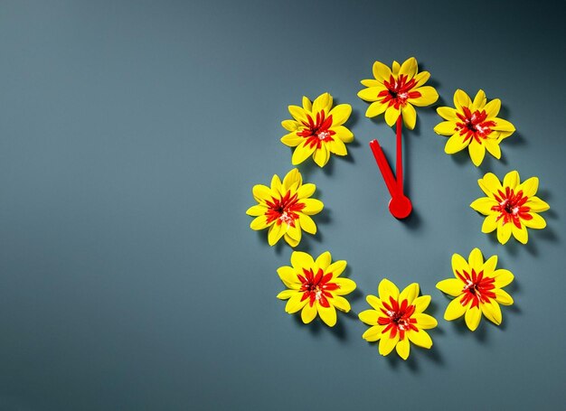 A clock made out of yellow and red flower with the number 3 on the top view