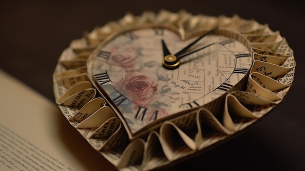 A clock made of paper with the words " love " on it.