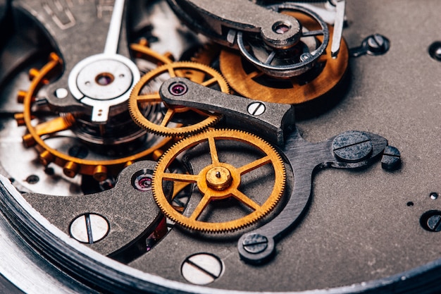 Clock mechanism close up old Soviet stopwatch