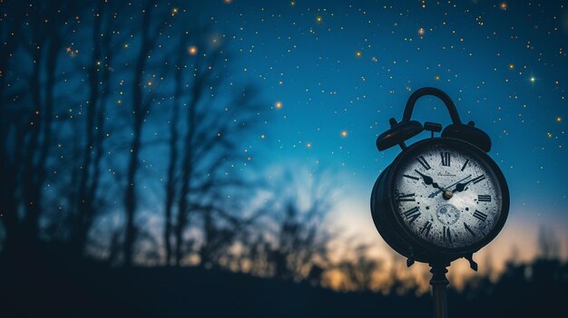 A clock at midnight with stars aligning above representing transition and the start of a new day