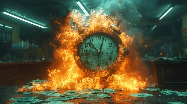 Clock and money on fire