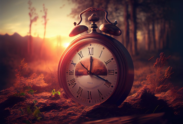 Часы в природном ландшафте с концепцией перехода на летнее время Перекрытие времени и тема часового пояса Генеративный ИИ