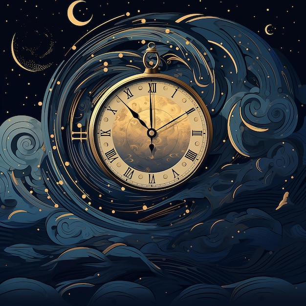 Clock Night Time Illustration Midnight on Old Background