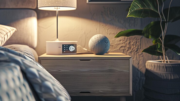 Photo a clock on a nightstand next to a bed with a pillow and a pillow