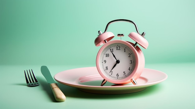 Clock placed on a plate flanked by a fork and a knife symbolizing the importance of timing in eating habits