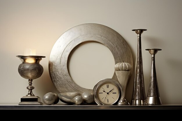 A clock and a plate are on a shelf with a clock.