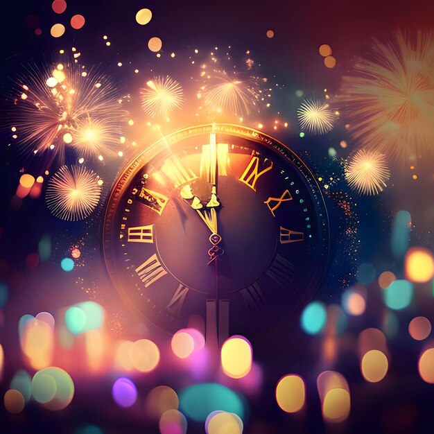 Clock pointer around colorful confetti and fireworks shots New Years fun and festivities