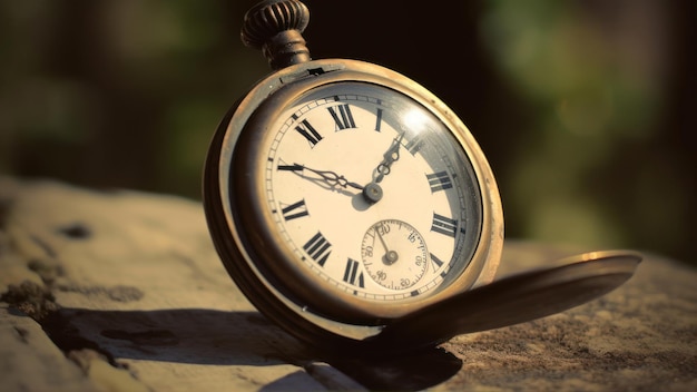 A clock on a rock with roman numerals on it