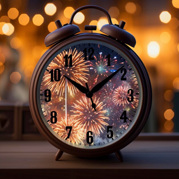 Photo a clock showing midnight with fireworks bursting in the background use filter photography blind b