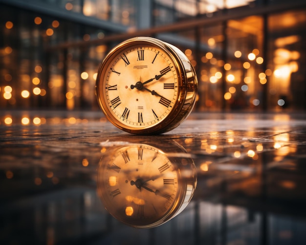 a clock sitting on the ground in front of a building