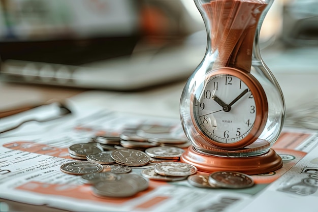 A clock sitting on top of a pile of coins