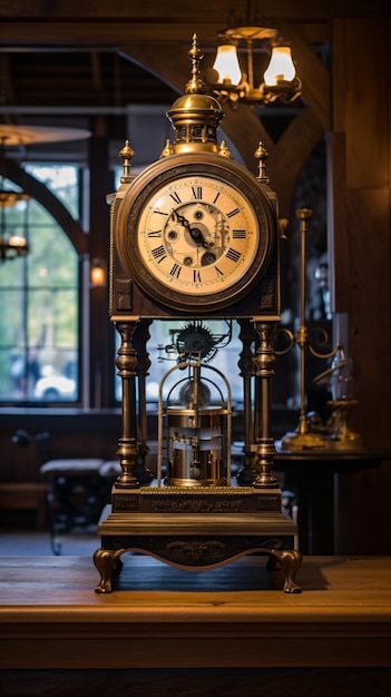 a clock sitting on top of a wooden table