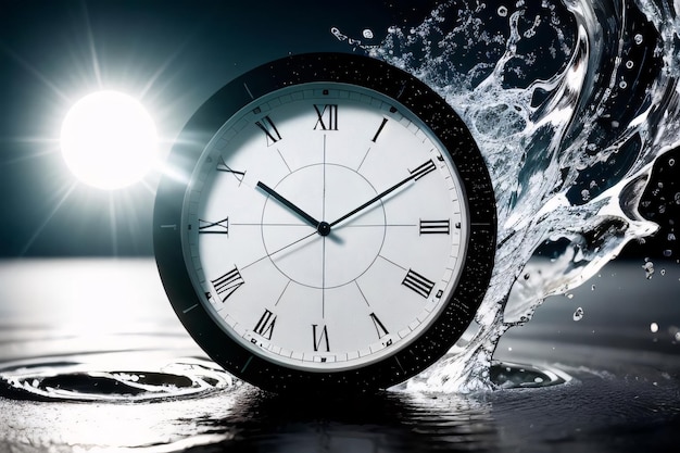 Foto un orologio e una spruzzata d'acqua simbolo del passare del tempo