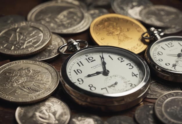 часы и стопы монет время деньги
