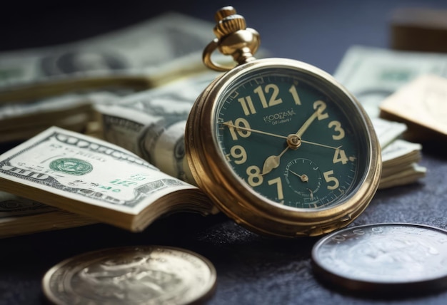 clock and stacks of coins time money