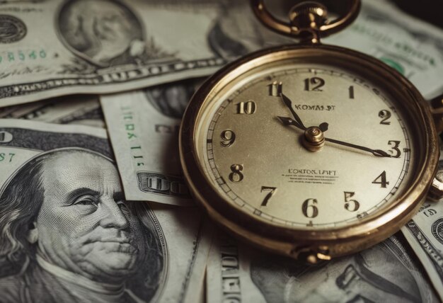 clock and stacks of coins time money