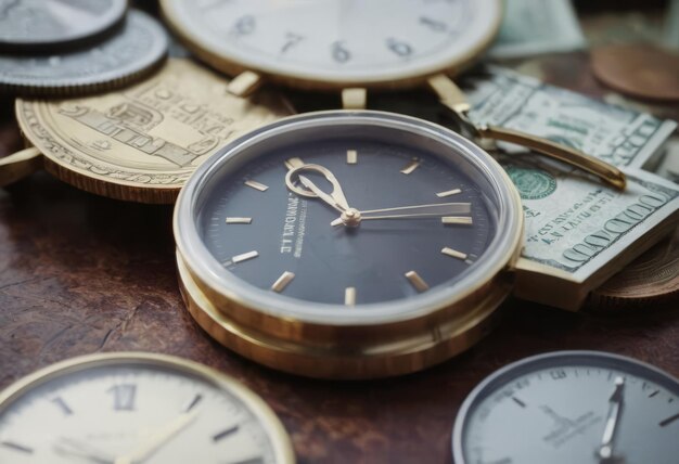 Photo clock and stacks of coins time money