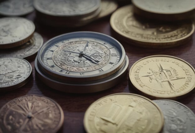 clock and stacks of coins time money