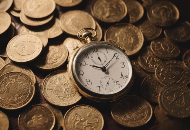 clock and stacks of coins time money