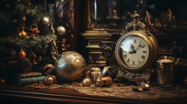 Clock on Table Next to Christmas Tree