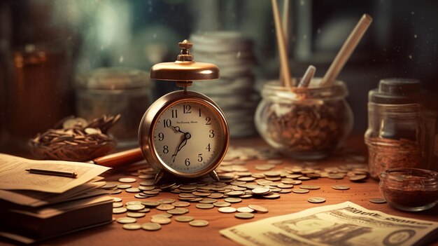 A clock on a table with coins and coins on it