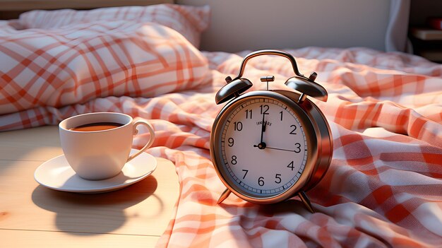 Photo clock on a table with a cup of coffee on it generative ai