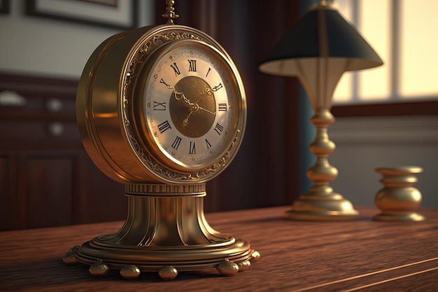 A clock on a table with a lamp and a lamp on it