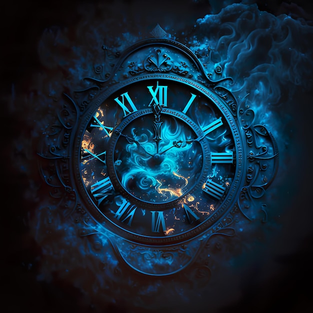 A clock that is on blue fire