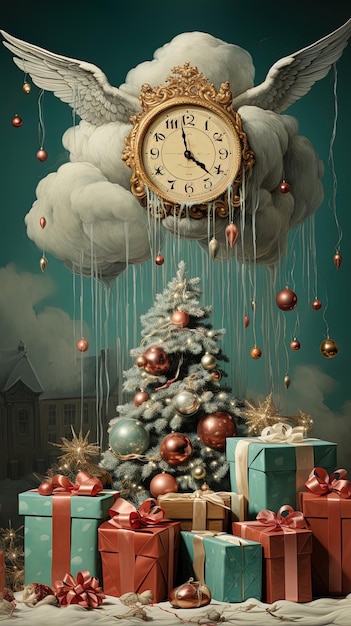 a clock that is hanging from a string with a christmas tree and a clock