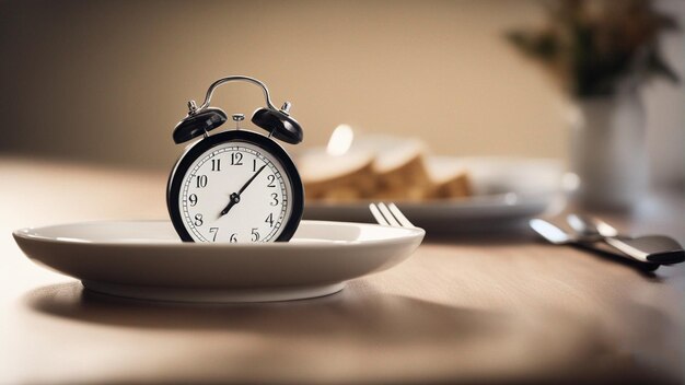 Foto un orologio che è su una piastra con una forchetta accanto