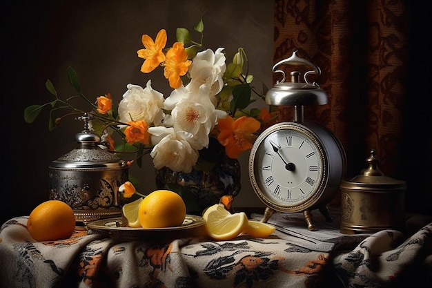 A clock that is on a table with flowers