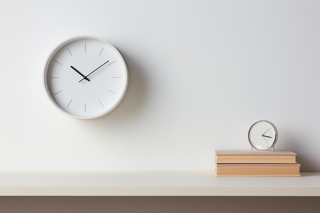 A clock that is on a wall with a wooden stand next to it