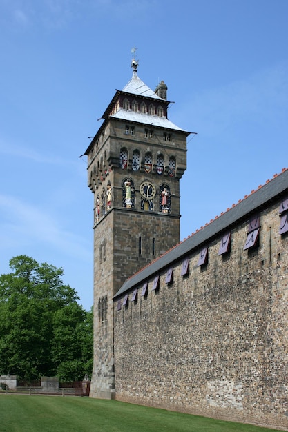 Clock tower of the Cardiff Castle seen from outside